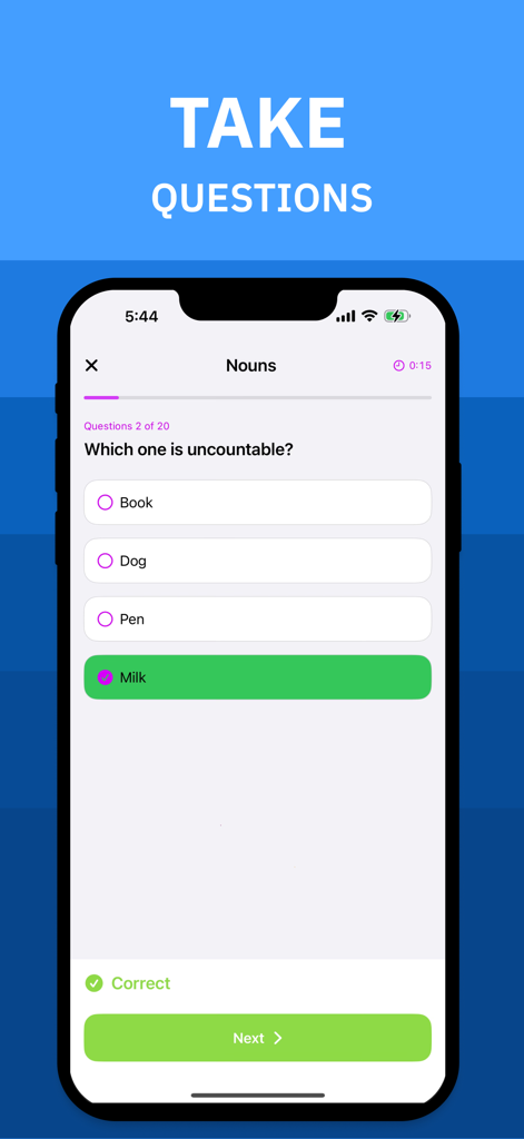 English A1-C2 Grammar Quiz - Una captura de pantalla de una aplicación móvil de cuestionario de gramática inglesa que muestra una pregunta de opción múltiple sobre sustantivos incontables con la respuesta correcta 'Milk' seleccionada.