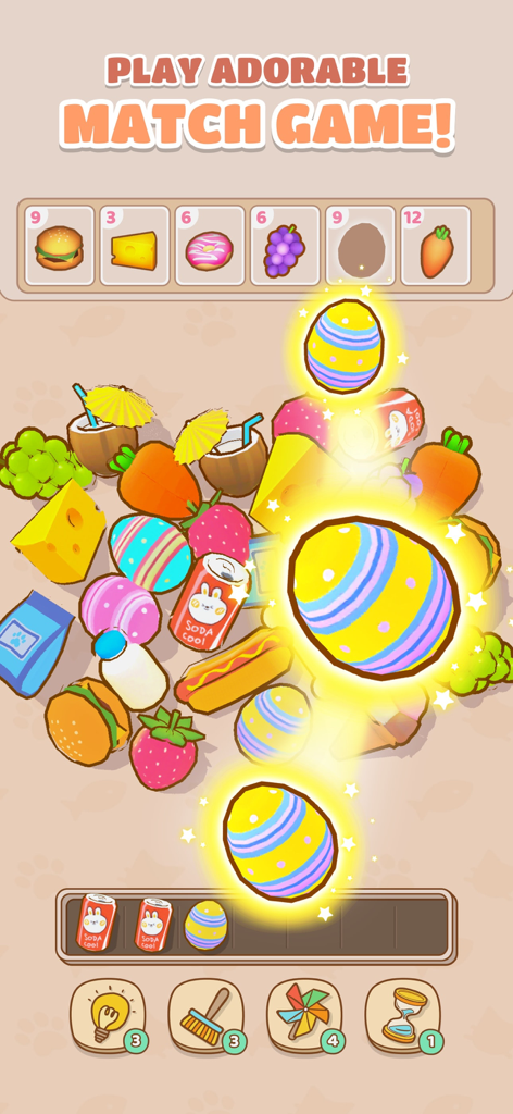 Pet Pal Paw - Gameplay screenshot of the adorable match-three puzzle in Pet Pal Paw featuring colorful food items and glowing eggs