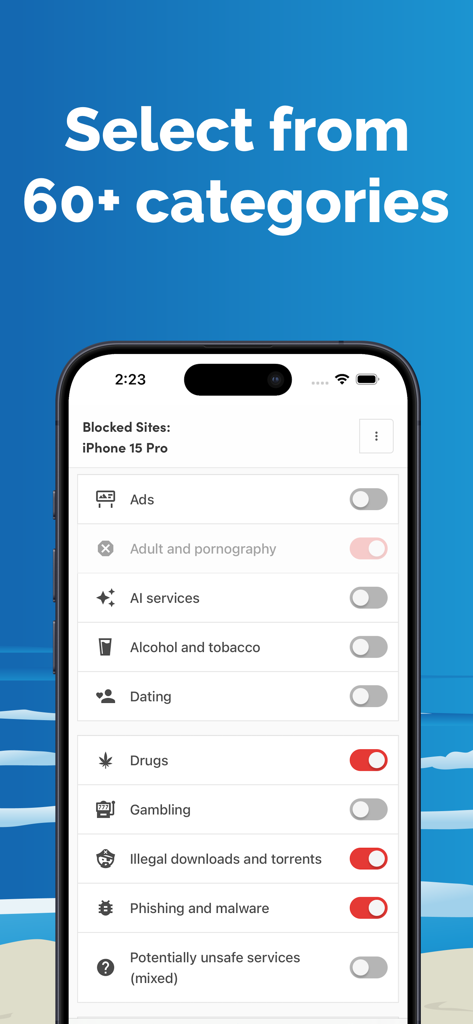 Safe Surfer - Safe Surfer app screen showing a list of over 60 content categories to block including drugs, gambling and phishing.