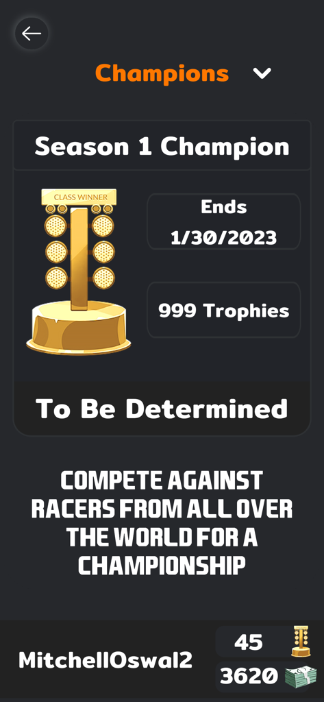 .000 Practice Tree - Champions screen showing a golden drag racing tree trophy and global competition info