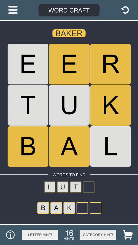 Word Craft - Word Game: Puzzle One’s Brains & Fun - Una cuadrícula de 3x3 de letras en el juego Word Craft con la palabra BAKER resaltada en amarillo y una sección debajo para las palabras a encontrar.