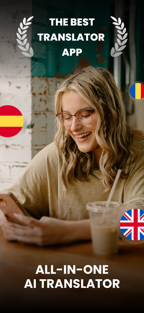 AI Translator - Just Translate - A smiling young woman using the AI Translator app on her phone in a cafe surrounded by international flag icons.