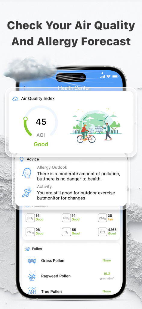 Live Weather - Widget, Radar - Interfaz de la aplicación Tiempo Real que muestra el Índice de Calidad del Aire y el pronóstico de alergias local.