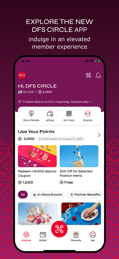 DFS CIRCLE - Home screen of the DFS CIRCLE app displaying loyalty points and exclusive luxury rewards for members