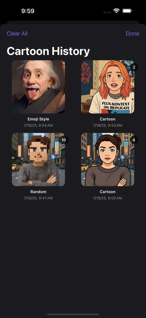 Cartoonify Me - A gallery view of the Cartoon History section showing different AI-generated avatar styles including emoji and voxel art