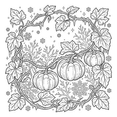 Explore the enchanting beauty of autumn meeting winter with this unique coloring page featuring pumpkin vines covered in frost. Delicate snowflakes dance around icy pumpkins, offering a serene scene ready for your creative touch.