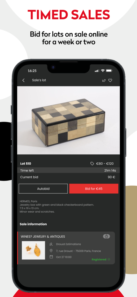 Drouot.com - Live Auctions - Drouot app interface showing a timed auction for a vintage Hermes jewelry box