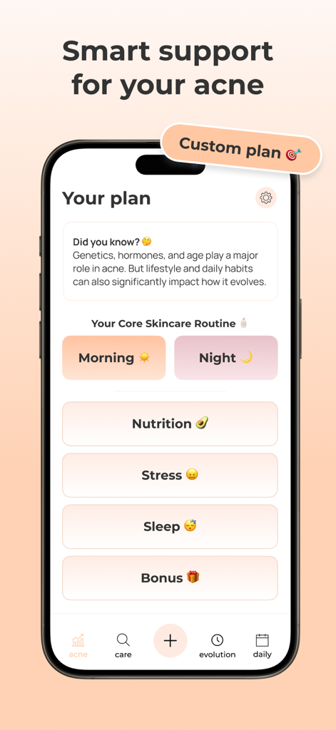 AcneTrack app screenshot showing a personalized skincare routine and lifestyle factors dashboard