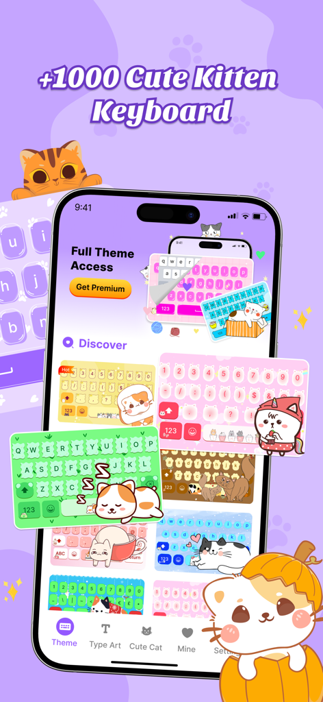 Cat Keyboard - Cute Kitty Skin - Una interfaz de aplicación móvil que muestra una variedad de skins de teclado coloridas con temática de gatos.