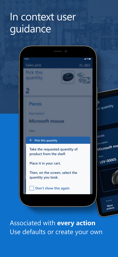 Microsoft Warehouse Management - Pantalla de la aplicación móvil que muestra instrucciones paso a paso para seleccionar artículos en un almacén
