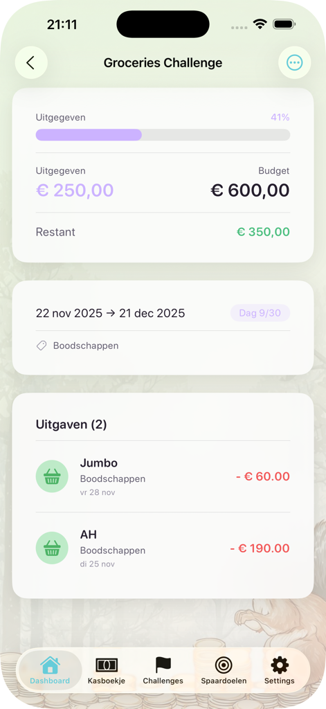 Budget Challenge App - Mobile app interface showing a grocery budget challenge with a progress bar and transaction history
