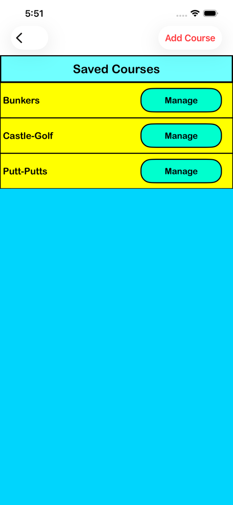 Mini-Golf Score Card - The saved courses screen in the Mini-Golf Score Card app listing multiple golf course names