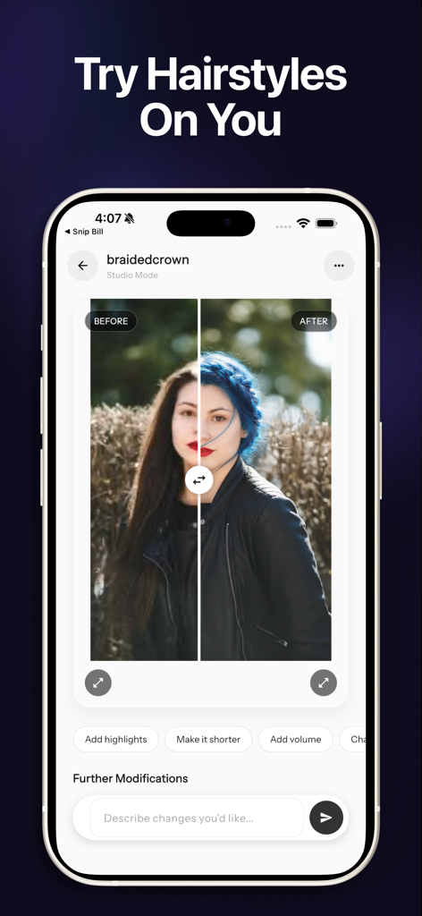 Hairstyle Try On & Hair AI - Smartphone screen showing a before and after comparison of a blue braided hairstyle using AI