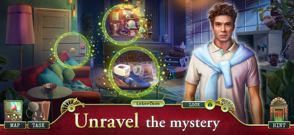 아파트 건물에서 캐릭터와 강조 표시된 단서가 있는 미스터리 수사 장면