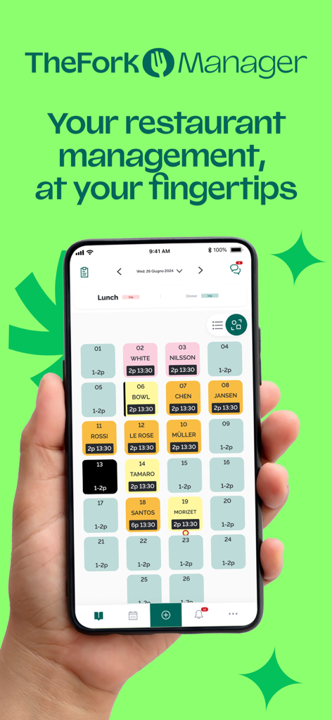 Cuadrícula de reservas de la aplicación TheFork Manager que muestra las mesas del restaurante y las reservas de clientes