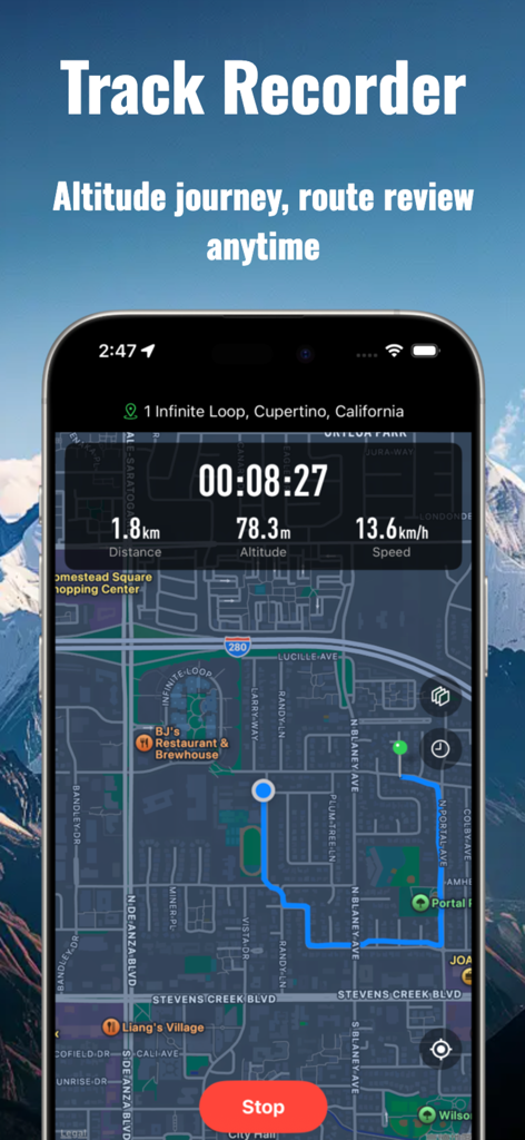 Un écran de smartphone montrant la fonction d'enregistrement de trace avec un itinéraire cartographié et des données de distance, d'altitude et de vitesse en temps réel