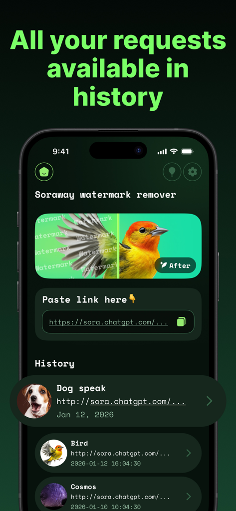 Soraway Watermark Remover AI - Pantalla de historial de la aplicación Soraway mostrando solicitudes anteriores de eliminación de marcas de agua de videos