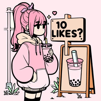 girl with oversized hoodie drinking boba and she has a high ponytail with a sign that says 10likes?