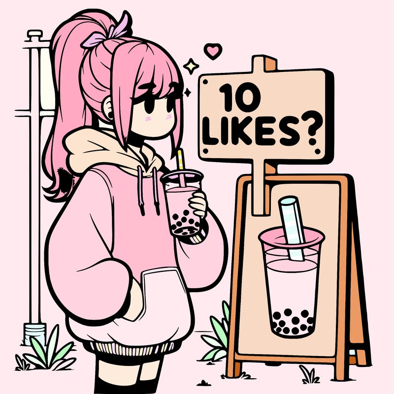 girl with oversized hoodie drinking boba and she has a high ponytail with a sign that says 10likes?