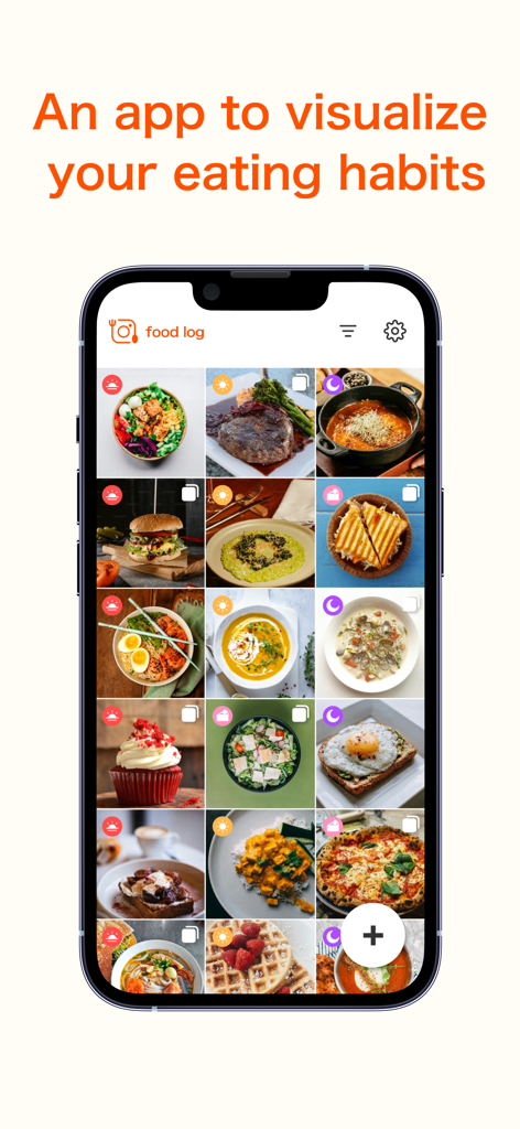 Food log app - Pantalla de iPhone que muestra la aplicación de registro de alimentos con una cuadrícula de fotos de comidas para visualizar hábitos alimenticios