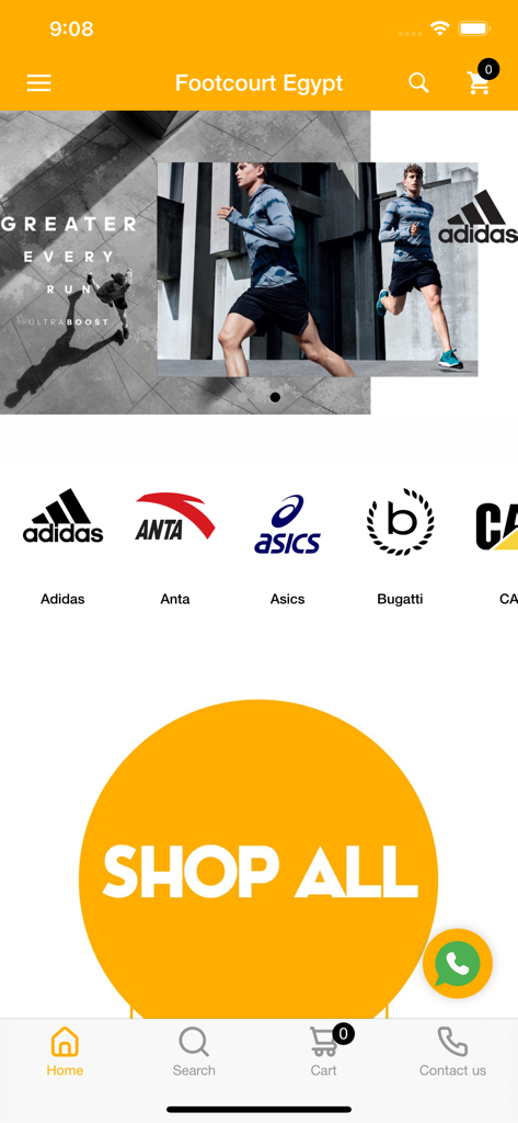 Footcourt Egypt app home screen featuring Adidas and other global footwear brands