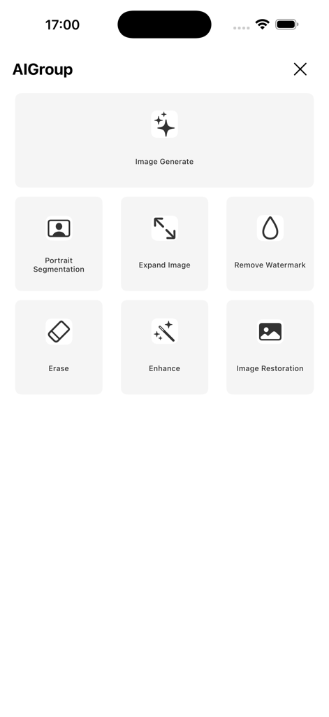 Seekee - Ai Search & Assistant - Interface do aplicativo Seekee exibindo várias ferramentas de IA para imagens, incluindo geração de imagens, restauração e remoção de marcas d'água.