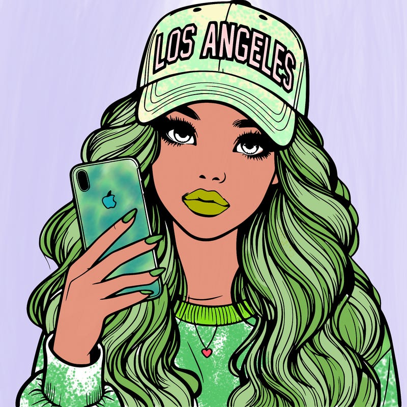 realistic beautiful girl wearing los ángeles cap holding an iphone