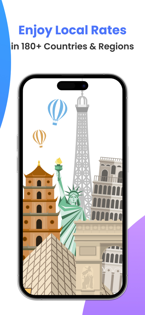 RedteaGO: eSIM Travel Internet - RedteaGO eSIM app screen showing local rates in 180 countries with illustrations of global landmarks.