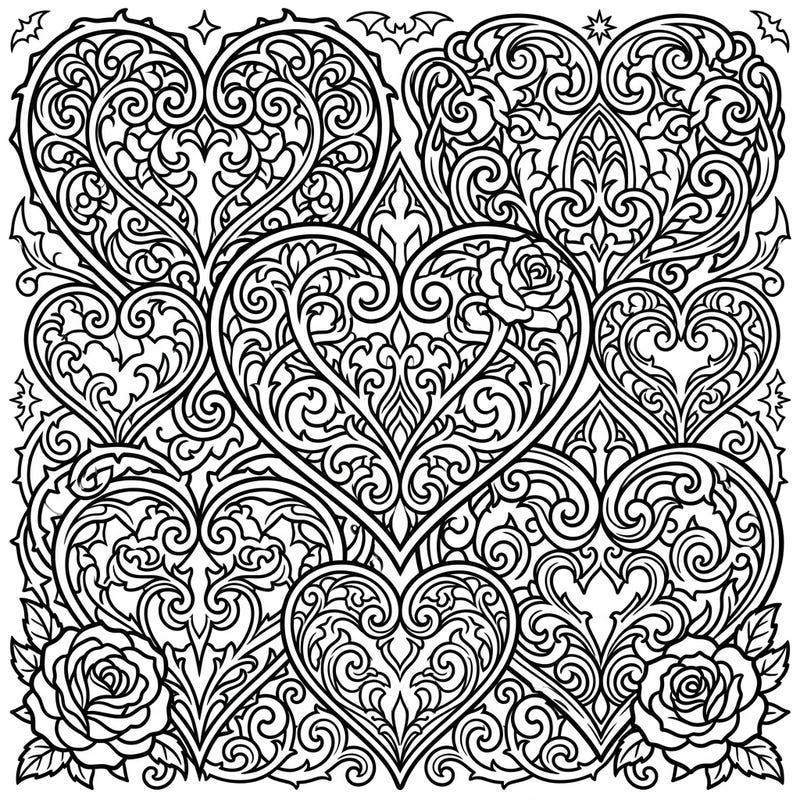 Dive into a world of dark romance with this captivating Gothic hearts coloring page. Its intricate designs, featuring ornate swirls and subtle bats, promise hours of creative engagement for adults.