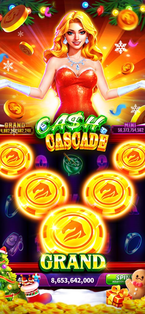 Jackpot Wins - Slots Casino - Pantalla del juego Jackpot Wins Slots mostrando una Gran Ganancia en la máquina "Cash Cascade" con temática navideña.