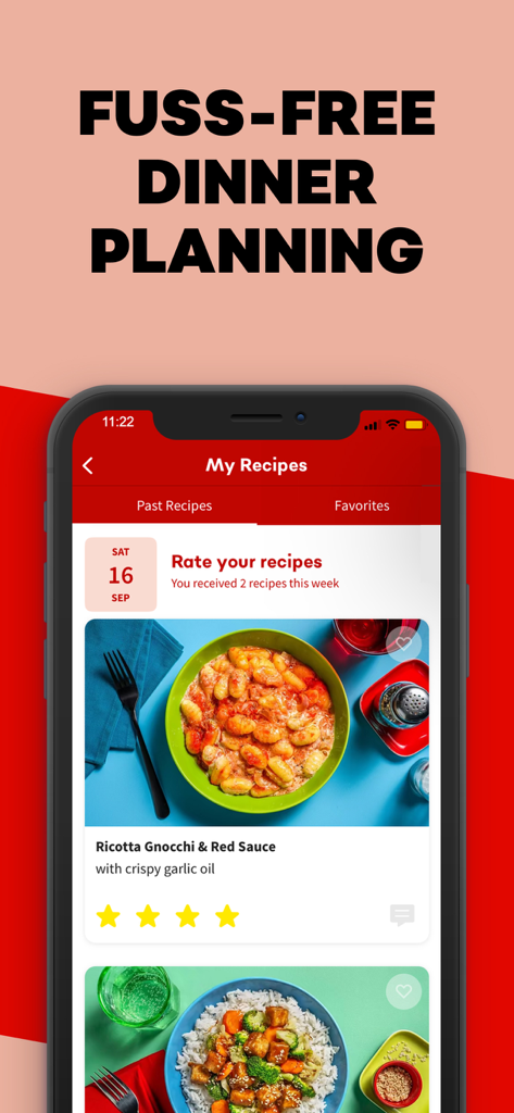 Chefs Plate: Easy Meal Planner - Chefs Plate mobile app interface showing the My Recipes screen with a recipe for Ricotta Gnocchi