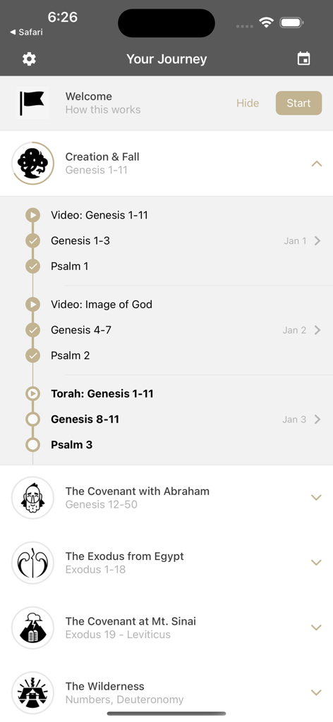 Read Scripture app screen showing the Your Journey daily reading plan with video lessons and Bible chapters.