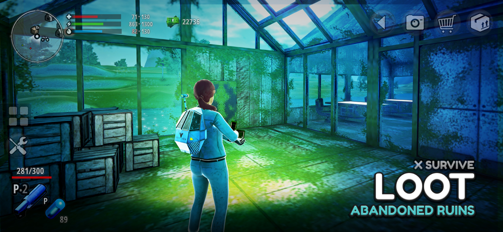 X Survive: Open World Sandbox - A character exploring an overgrown glass building for loot in X Survive Open World Sandbox