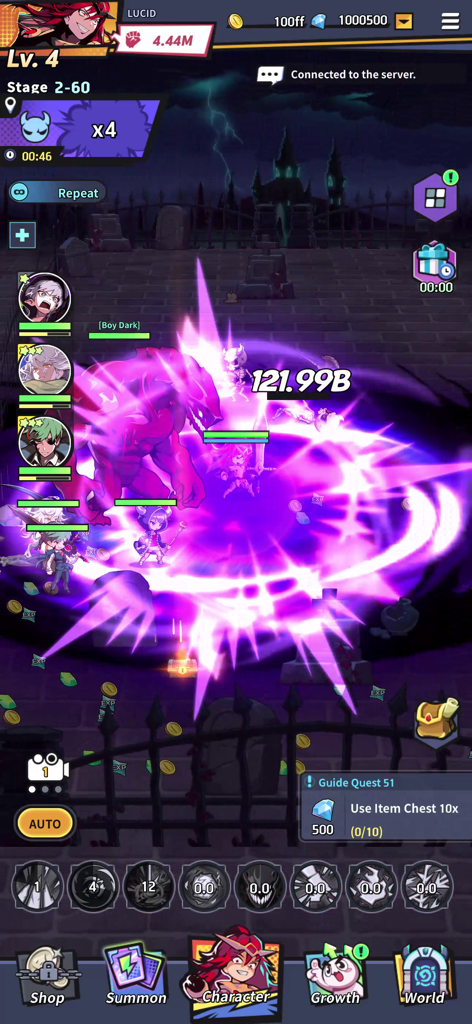 Hardcore Leveling Warrior - Gameplay-Screenshot von Hardcore Leveling Warrior, der zeigt, wie Charaktere in einer Friedhofsumgebung gegen ein großes rotes Monster kämpfen.