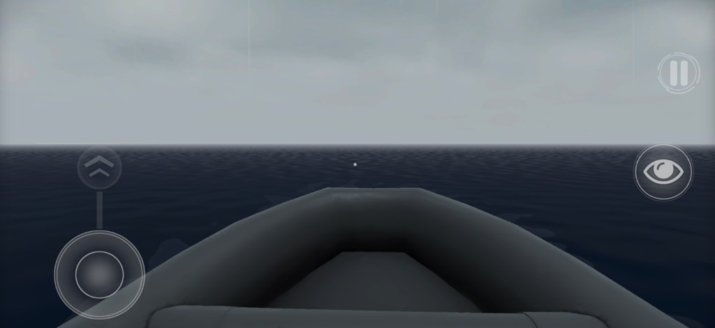 First person view from a boat on a dark vast ocean under a grey sky