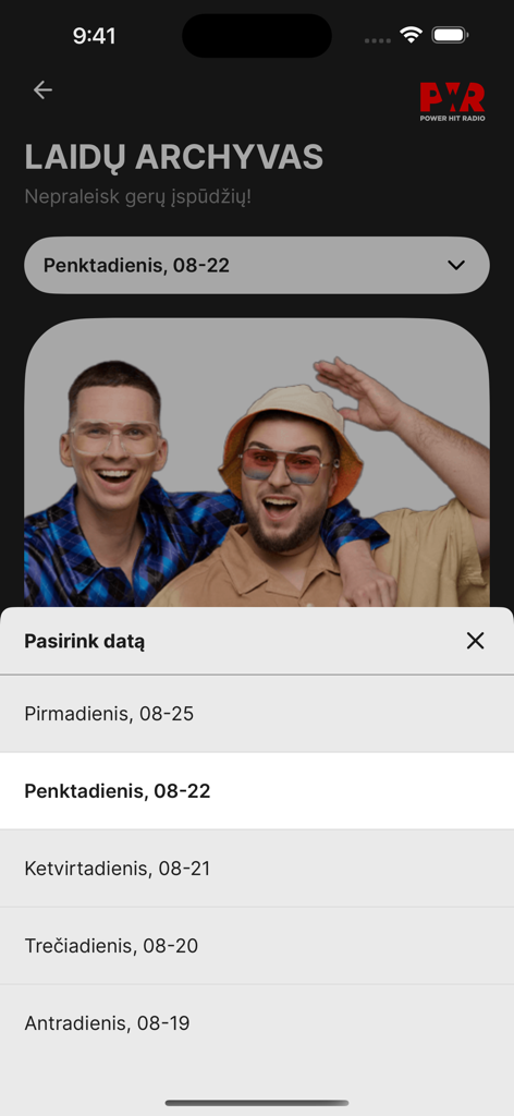 Power Hit Radio - Lietuva - Power Hit Radio app interface showing the show archive screen with a date selection menu