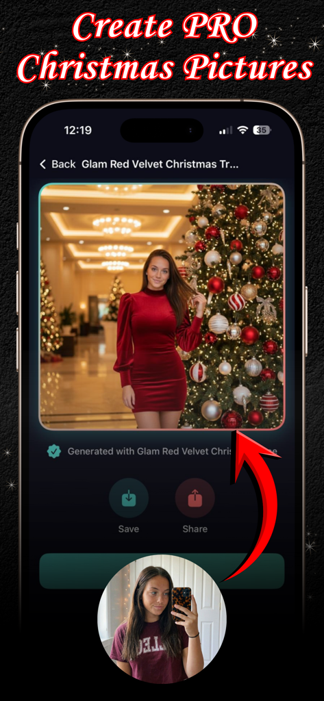 Pict: AI Photo Editor & Filter - AI photo editor transforming a casual selfie into a professional Christmas portrait.