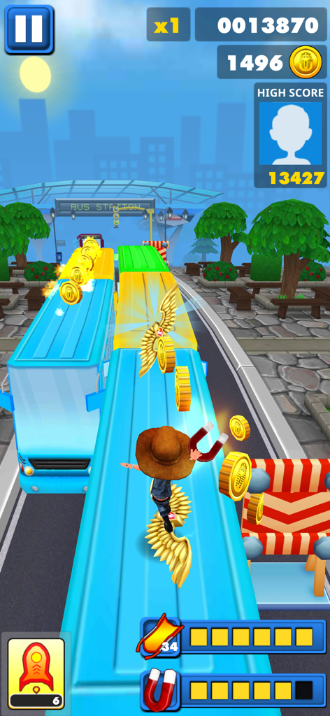 Gameplay von City Kids Running Game, das einen Charakter zeigt, der auf einem blauen Bus läuft und mit einem Magneten und goldenen Flügeln Münzen sammelt