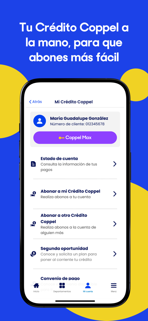 Coppel: compras en línea - Interfaz de la aplicación Coppel que muestra mis opciones de gestión de crédito, incluyendo el estado de cuenta y los botones de pago.