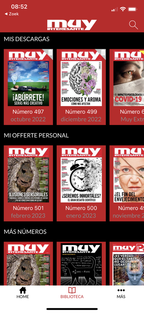 Muy Interesante Revistas - Interface do aplicativo Muy Interesante mostrando uma coleção de capas de revistas de ciência e cultura em espanhol