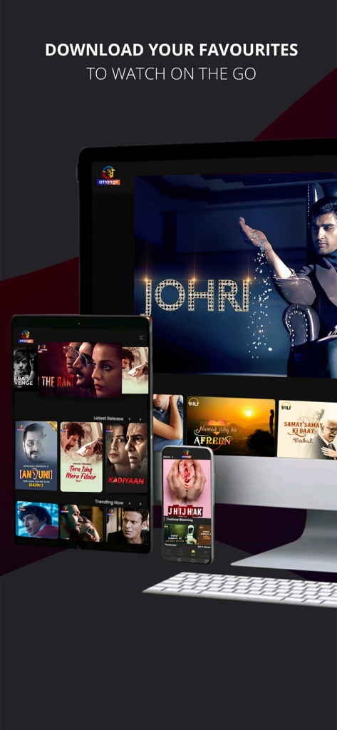 Atrangii app interface displayed on a desktop monitor, tablet, and smartphone showing various Indian drama series titles