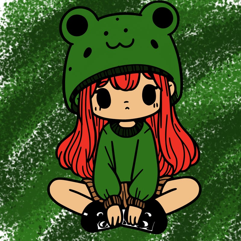 a girl wearing a frog hat and some frog socks