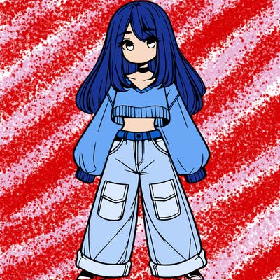 cute girl with straight hair in baggy jeans and a crop top and a sweater