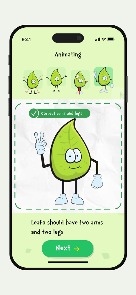 Ai Animation: Animate Drawings - Interfaz de la aplicación móvil para animar dibujos que muestra un personaje llamado Leafo con instrucciones de detección de extremidades.