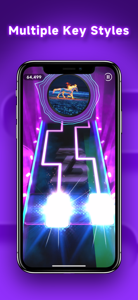 Hi Beatz - A smartphone displaying Hi Beatz rhythm game with neon light paths and customizable key styles