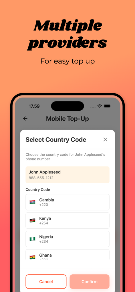 AfriiPay - AfriiPay app interface for selecting African country codes for mobile top up.