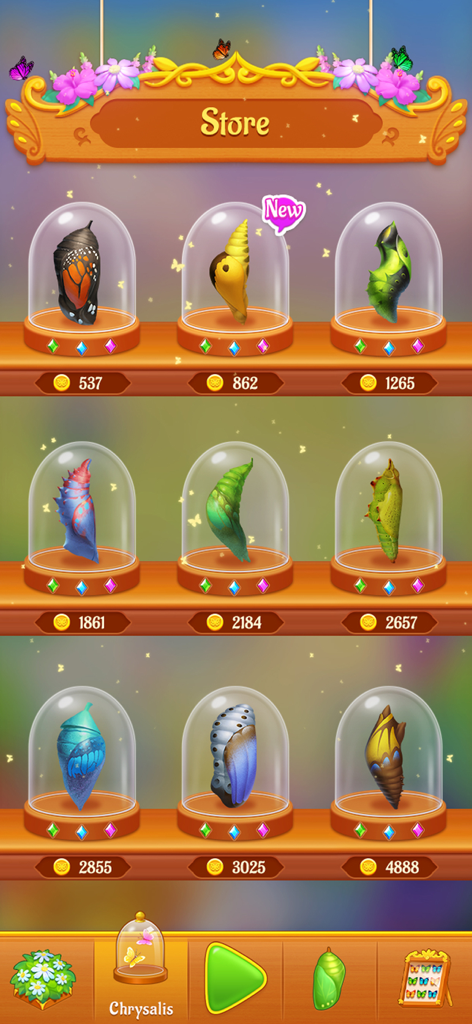 Solitaire Butterfly - A menu screen in the Solitaire Butterfly app showing various colorful butterfly chrysalises for purchase using in-game gold coins.
