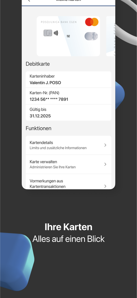 Interfaz de la App de Banca Online POSO para gestionar tarjetas de débito y ver los detalles de la tarjeta.