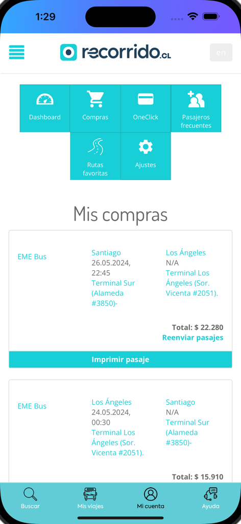 Écran de l'application mobile Recorrido montrant l'historique des achats de billets de bus et les détails du voyage