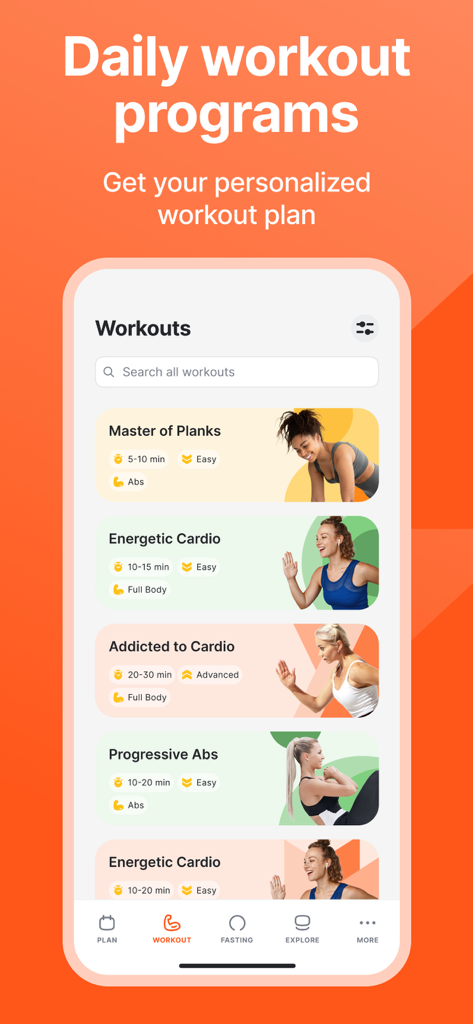 Interfaz de la aplicación Fitself que muestra varios programas de entrenamiento diarios como rutinas de cardio y abdominales con niveles de dificultad